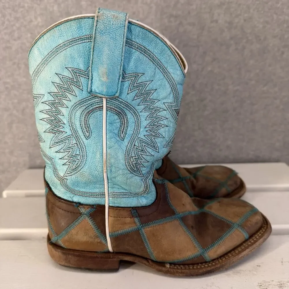 HP Western Boots Girls Size 1 Blue Brown Leather Embroidered Cowboy